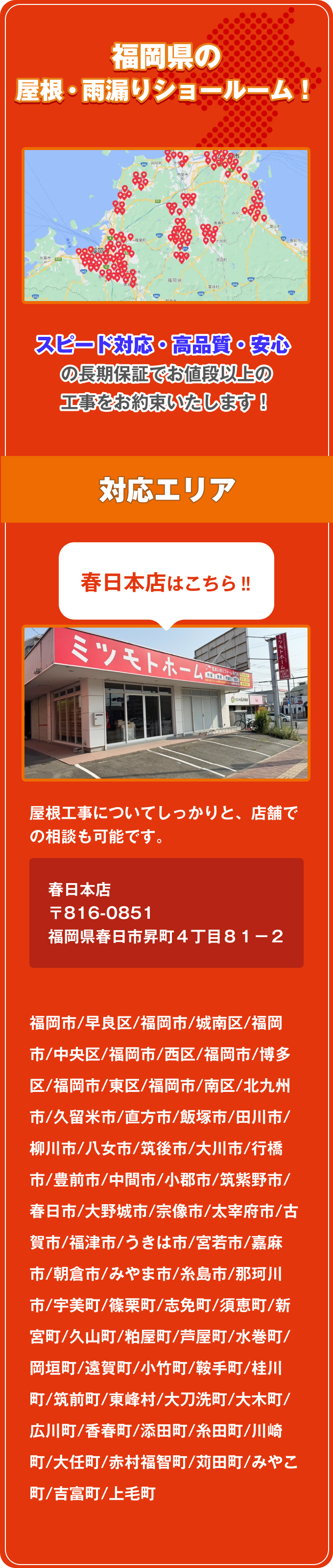 福岡県の屋根・雨漏りショールーム。福岡県全域で多数の対応実績を示すマップと春日本店の外観写真が掲載されています。