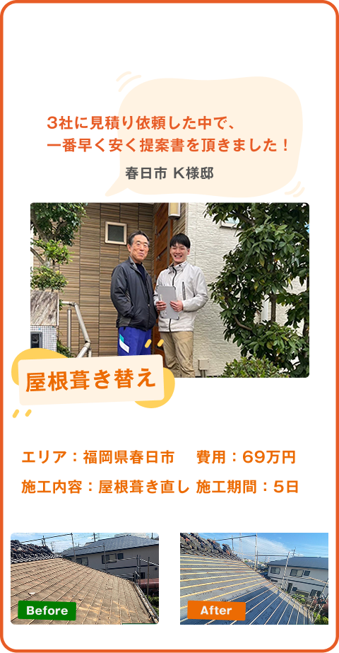 福岡市F様邸の屋根葺き替え工事。費用62万円、施工期間20日で、施工前後の写真とお客様の感想が掲載されています。